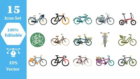 Set of 15 bicycle vector icons depicting various types of modern bikes Stock Illustration