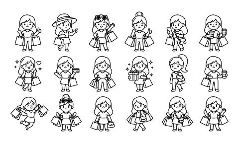 Set of 15 black and white line of girls shopping with bags woman Stock Illustration