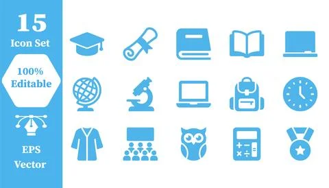 Set of 15 blue educational and academic icons for students and schools Stock Illustration