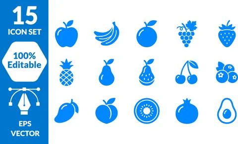 Set of 15 Blue Fruit Icons Featuring Healthy Organic Produce for Nutrition .. 스톡 일러스트