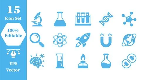 Set of 15 blue science and laboratory icons for research and education Stock Illustration