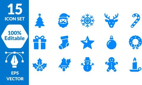 Set of 15 Blue Vector Icons Depicting Festive Winter Holiday Symbols and Ob.. Stockillustratie