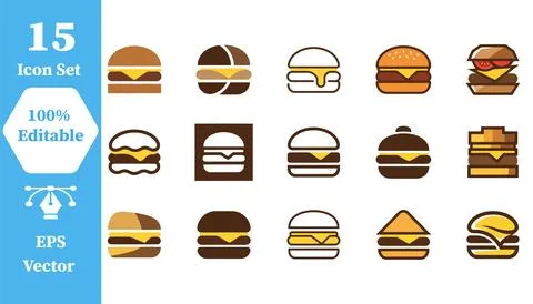 Set of 15 burger icon designs for restaurant menu and food branding Stock Illustration