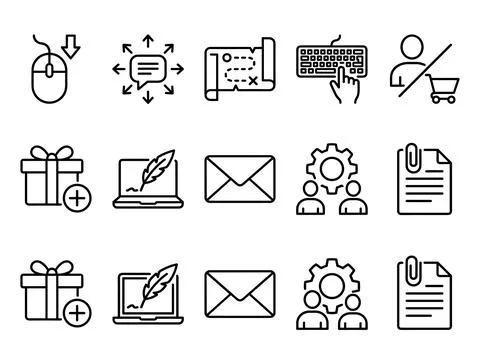 Set of 15 business and technology line icons including mouse, chat, map, ke.. Stock Illustration