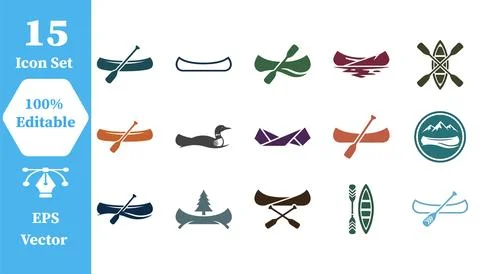 Set of 15 canoe rowing boat adventure icons with adventure paddling recreatio Stock Illustration