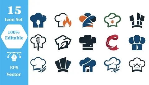 Set of 15 chef hat culinary kitchen icons with culinary restaurant collection Stock Illustration