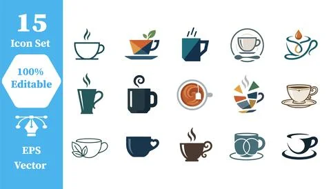Set of 15 coffee and tea cup vector icons with beverage espresso caffeine Stock Illustration