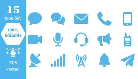 Set of 15 communication and networking icons in blue with communication Stock Illustration