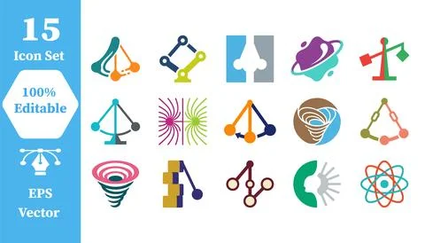 Set of 15 complex scientific and physics concept icons with research, scien.. Stock Illustration