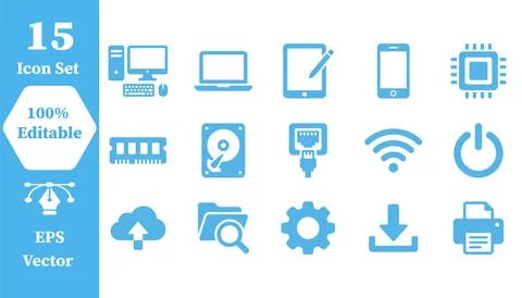 Set of 15 computer hardware and information technology vector icons Stock Illustration