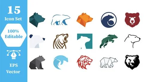Set of 15 creative bear icons in diverse artistic styles with wildlife, pre.. Stock Illustration