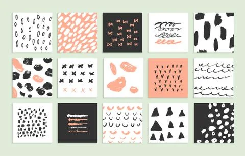 Set of 15 creative cards. Hand Drawn textures made by marker Stock Illustration