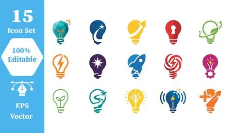 Set of 15 creative light bulb innovation idea concept vector icons with cre.. Stock Illustration