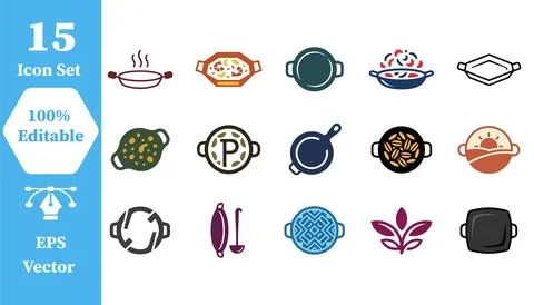 Set of 15 culinary pot and pan cooking icons for kitchen design with culinary Stock Illustration