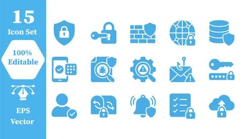 Set of 15 cyber security and data protection flat vector icons with security Stock Illustration