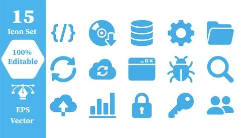 Set of 15 database and information management flat vector icons with database Stock Illustration