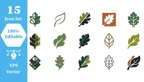 Set of 15 decorative oak leaf icons with botanical woodland collection Stock Illustration