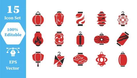 Set of 15 decorative red paper lantern icons with festival, celebration Stock Illustration