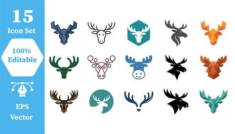 Set of 15 deer and moose head icons with wildlife collection silhouette Stock Illustration