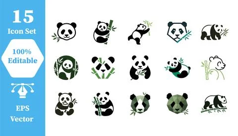 Set of 15 detailed panda vector icon graphics with wildlife, collection Illustrazione stock
