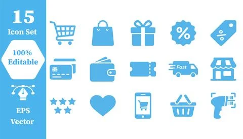 Set of 15 e-commerce and online shopping icons in blue with ecommerce, shoppi Stock Illustration