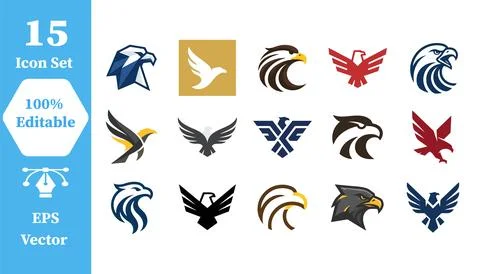 Set of 15 eagle head and bird of prey icons with predator wildlife majestic Stock Illustration