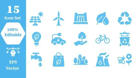 Set of 15 eco friendly and sustainable living flat blue vector icons Stock Illustration
