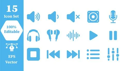 Set of 15 editable audio and media player interface icons with fast forward Stock Illustration