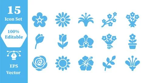 Set of 15 editable flower and plant icons for botanical design with botanical Stock Illustration