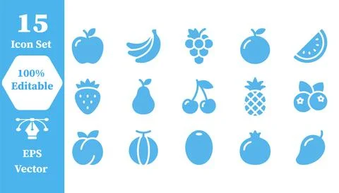Set of 15 editable fresh fruit icons for healthy nutrition design with nutr.. Stock Illustration