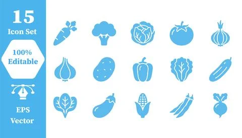 Set of 15 editable fresh vegetables and produce icons with vegetables, nutr.. Stock Illustration