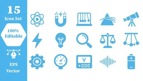Set of 15 editable science and physics flat icons with laboratory, education Stock Illustration