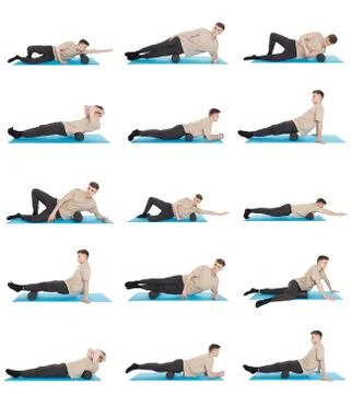 Set of 15 exercises using a foam roller for a myofascial release massage Fotos de archivo