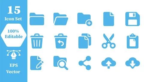 Set of 15 file and folder management interface flat vector icons with documen Stock Illustration