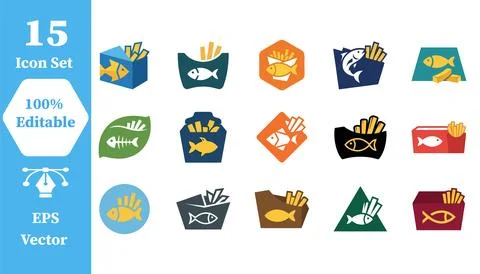 Set of 15 fish and chips food vector icons with takeaway restaurant collectio Stock Illustration