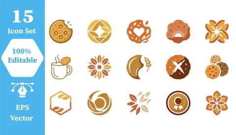 Set of 15 flat vector icons featuring delicious cookie and biscuit designs Stock Illustration