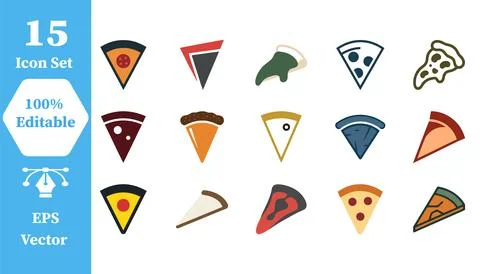 Set of 15 flat vector pizza slice icons with fastfood pepperoni restaurant Ilustração Stock