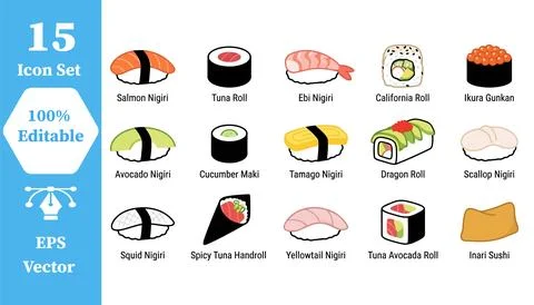 Set of 15 flat vector sushi and japanese cuisine icons with japanese, resta.. Stock Illustration
