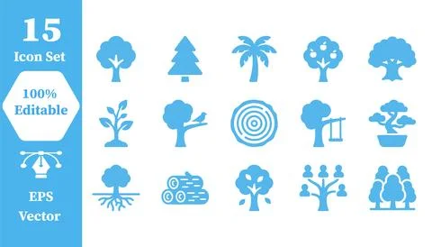 Set of 15 forest tree and nature related icons with environment, botanical Stock Illustration