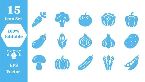 Set of 15 fresh vegetables flat icons for healthy food nutrition design Stock Illustration