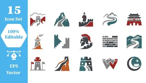 Set of 15 great wall of china icon set with landmark architecture heritage Stock-Illustration