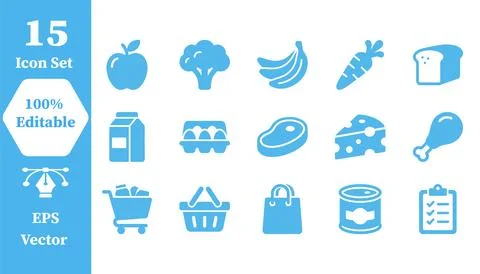 Set of 15 grocery store and food shopping icons with shopping, supermarket Stock Illustration