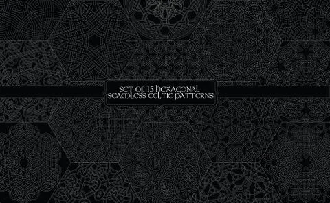 Set of 15 hexagonal celtic seamless line patterns Illustrazione stock