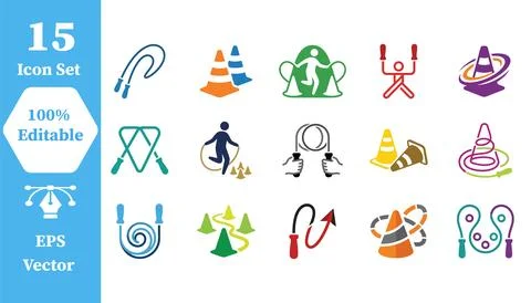 Set of 15 jump rope exercise sport icons with exercise equipment, athlete t.. Stock Illustration