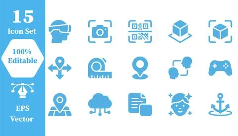 Set of 15 location and virtual reality technology icons with location, comp.. Stock Illustration
