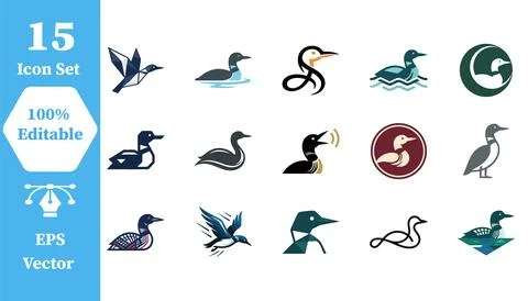 Set of 15 loon bird vector icons with wildlife collection illustration Stock Illustration