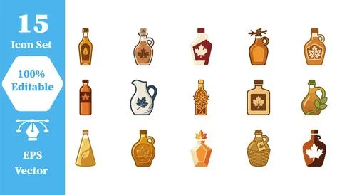 Set of 15 maple syrup bottle icons with breakfast container delicious Stock Illustration
