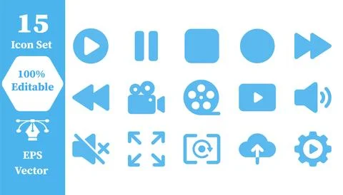 Set of 15 media and playback control flat vector icons with playback, interfa Stock Illustration