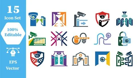 Set of 15 modern access control and security technology icons with security Stock Illustration