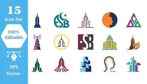 Set of 15 modern building and city architecture icons with building, skyscrap Stock Illustration